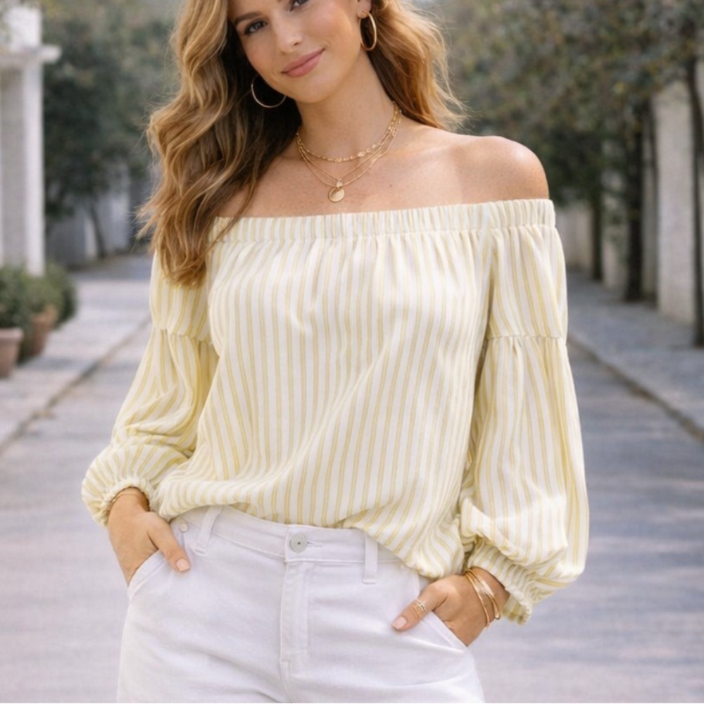 Anthropologie Maeve Off the Shoulder Top Yellow Festival Puff Sleeves Coastal
